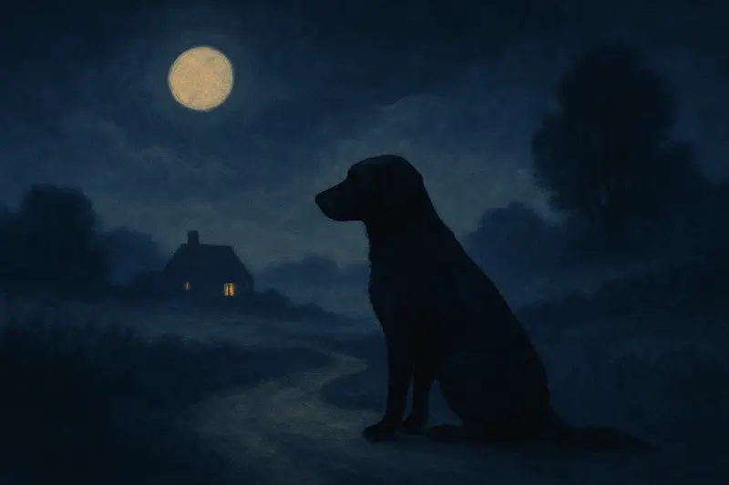 Un perro negro — un perro negro sentado tranquilo en un camino a la luz de la luna, al fondo una ventana iluminada