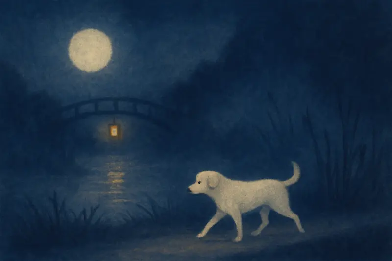 Un perro blanco — un perro blanco trotando por un sendero junto al río entre la niebla, con el pelaje brillando a la luz de la luna