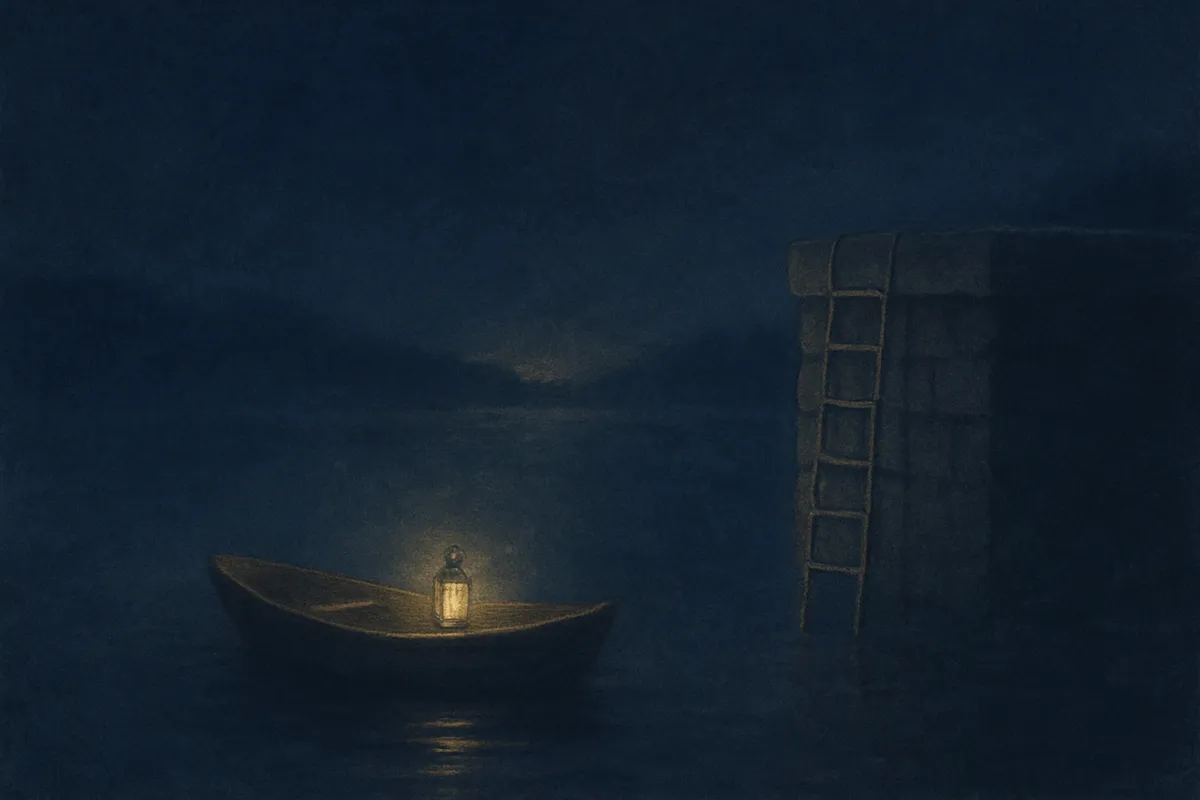 A painted dream scene of a lantern-lit rowboat on calm dark water, a rope ladder hanging within reach from a stone jetty