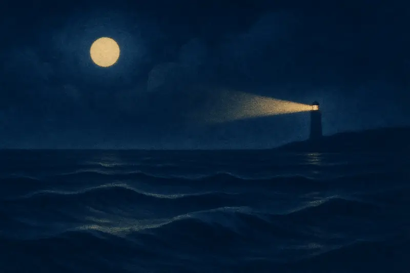Annegare in mare — un mare notturno scuro con lunghe onde e il fascio di un faro lontano