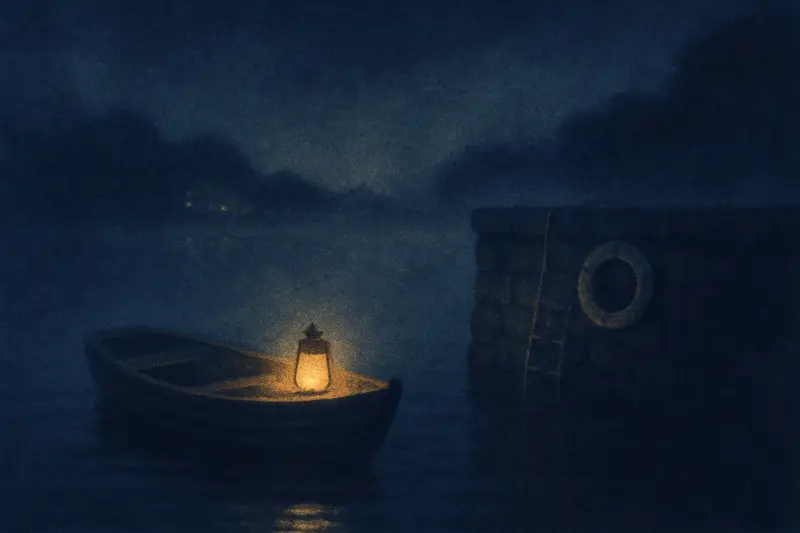 Ser rescatado de ahogarte — una barca con farol llega a un muelle de piedra, un salvavidas al alcance de la mano