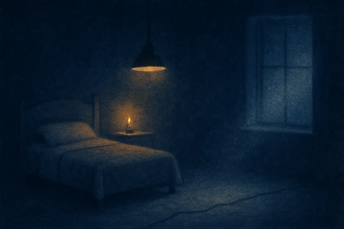 A painted dream scene of a quiet bedroom floor split by a thin dark crack, a hanging lamp swaying in moonlight