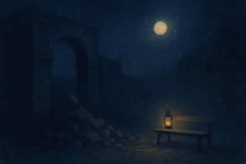 Buildings collapsing in an earthquake — a fallen stone archway in a moonlit square, a lantern still burning nearby