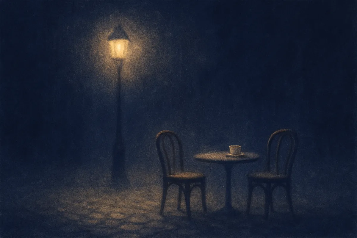A painted dream scene of two empty chairs at a café table at night, one pushed back, in rain-blurred lamplight