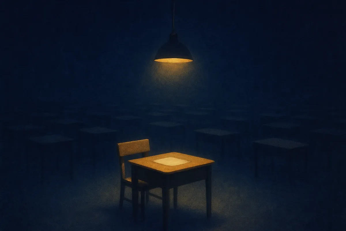 A painted dream scene of a single school desk in a vast dark hall under one hanging lamp, a blank paper glowing faintly