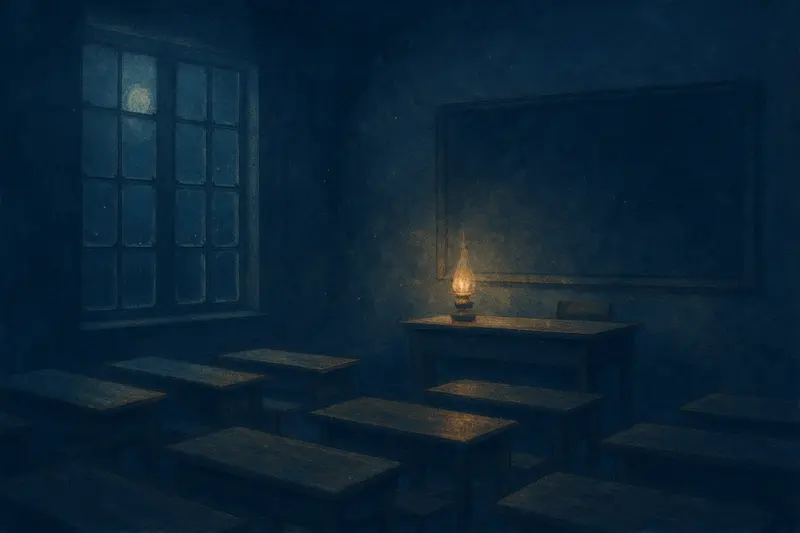 Tornare a scuola — un'aula antica di notte, banchi di legno e una lampada sulla cattedra