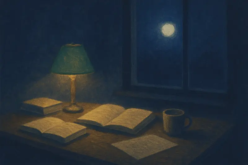 試験勉強をする夢：夜、緑のシェードのランプの下で開いた本が積み上がった机の絵