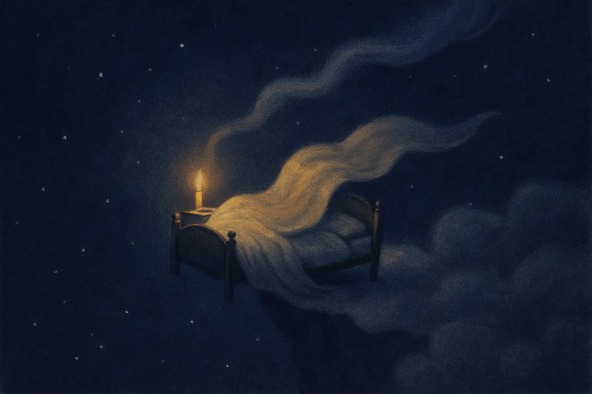 A painted dream scene of a small bed tipping over a cliff of clouds into a starry night sky