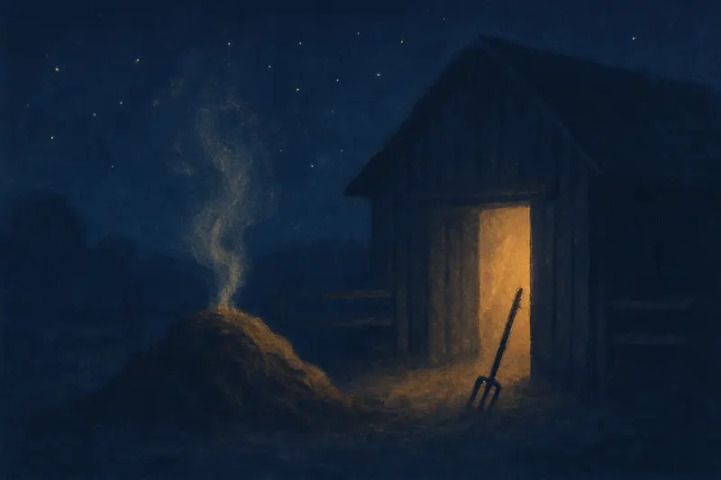 Esterco de animais — um monte de esterco fumegante ao lado de um celeiro sob as estrelas, um forcado encostado na cerca