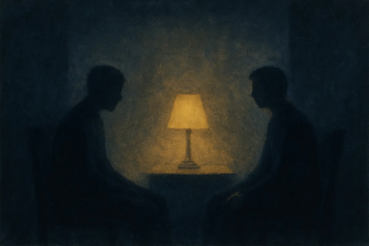 A painted dream scene of two shadowed figures facing each other across a dim room at night