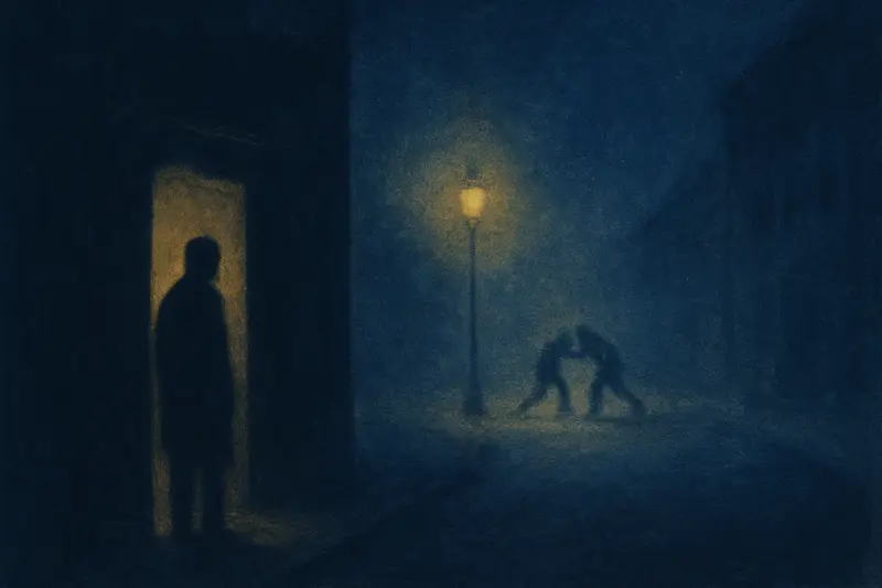 Watching others fight — painting of a figure in a doorway watching two distant shadows in a foggy lamplit street