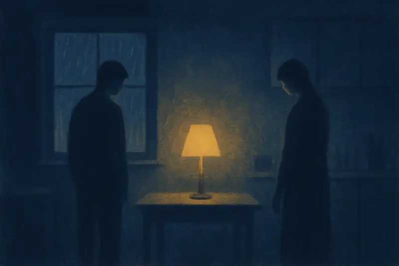 A fight with your partner — painting of two figures turned away from each other in a dim lamplit kitchen
