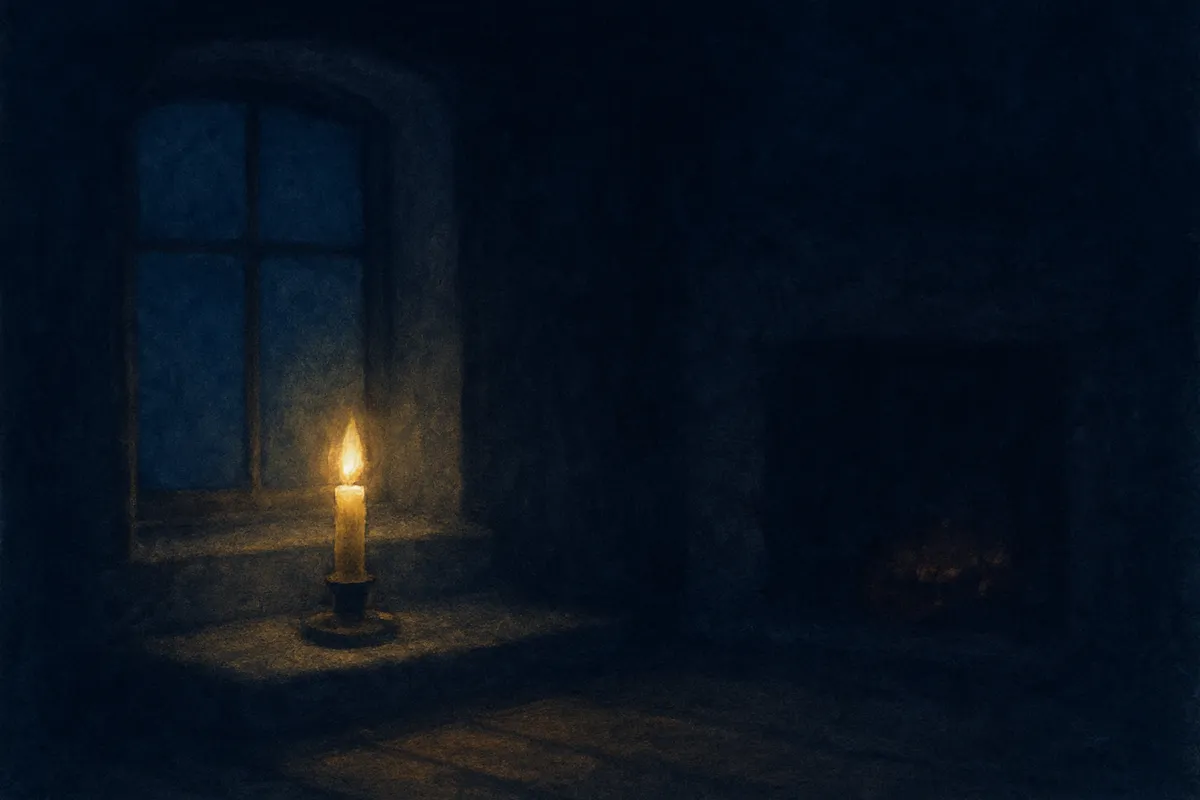 A painted dream scene of a single candle burning on a windowsill in a dark cottage, hearth embers glowing behind