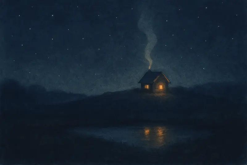 Una casa en llamas — una casita lejana con el tejado bordeado de llamas, vista a través de un campo oscuro