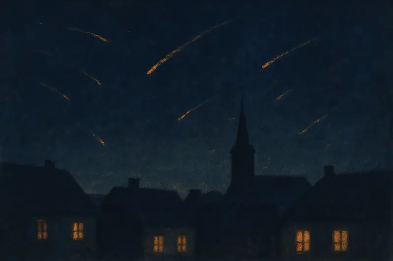 Fuoco nel cielo — lente scie di fuoco che attraversano il cielo notturno sopra tetti addormentati