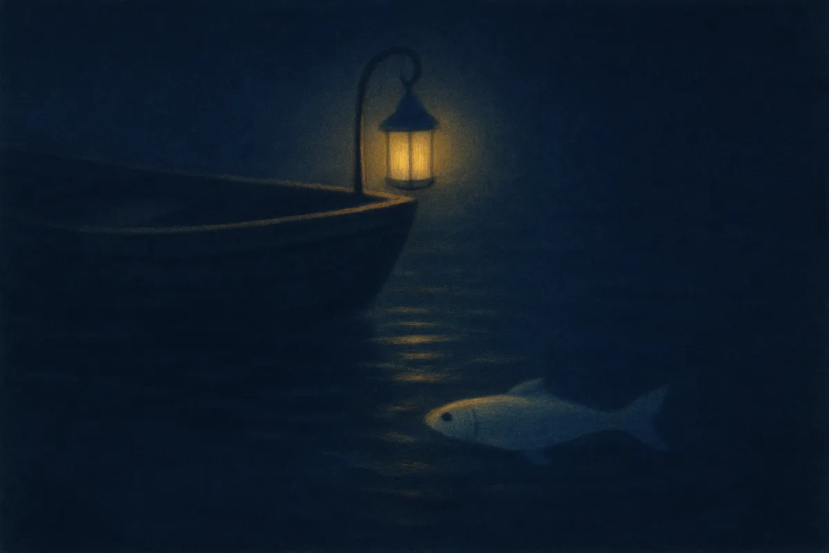 A painted dream scene of a silver fish gleaming below dark water beside a lantern-lit boat at night