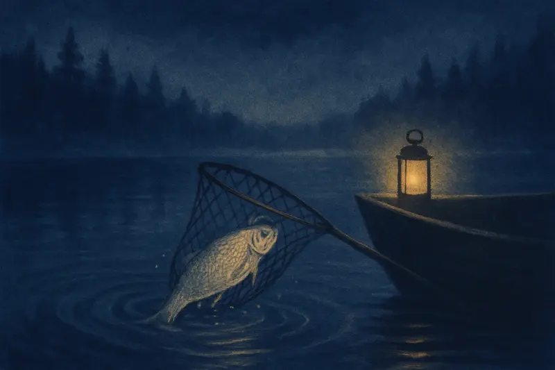 Pescar peces — un pez plateado sacado del agua oscura con una red junto a una barca con farol
