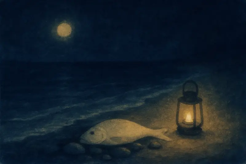 Peces muertos — un pez pálido inmóvil sobre piedras mojadas en una orilla tranquila a la luz de la luna
