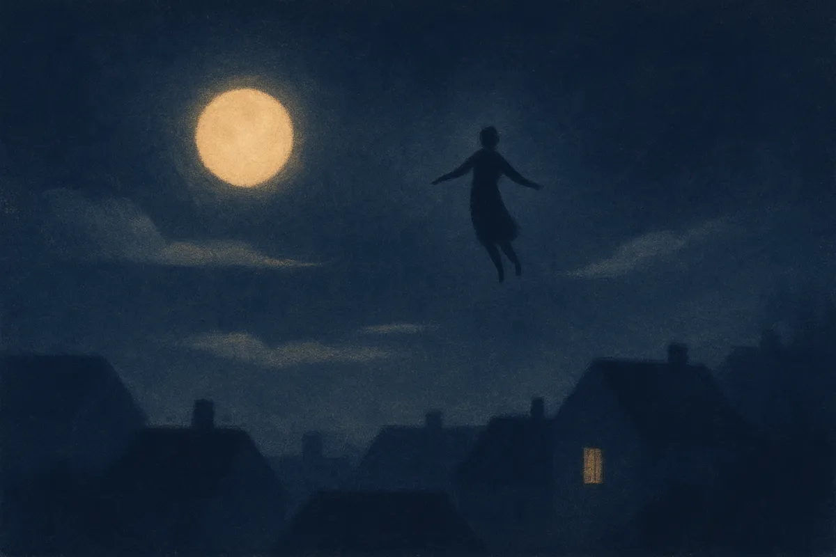 A painted dream scene of a small silhouetted figure drifting above moonlit rooftops of a sleeping town