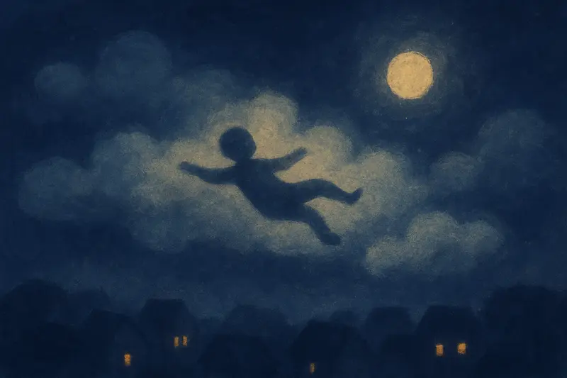 Caer mientras vuelas — una pequeña figura cae despacio entre nubes iluminadas por la luna sobre un pueblo dormido