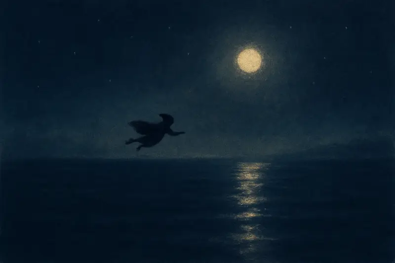 Volare sopra l'acqua o il mare — una minuscola figura vola su un mare scuro lungo la scia della luna