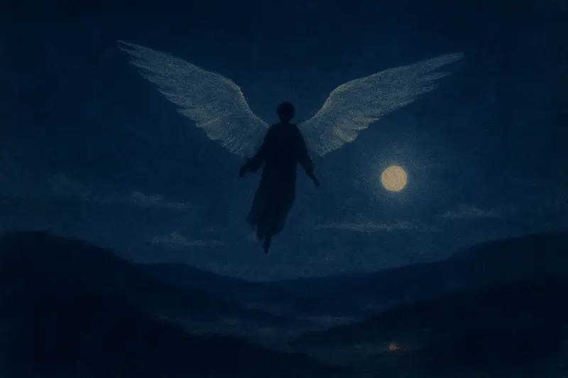Volar con alas — una pequeña figura con alas claras planea sobre un valle a la luz de la luna