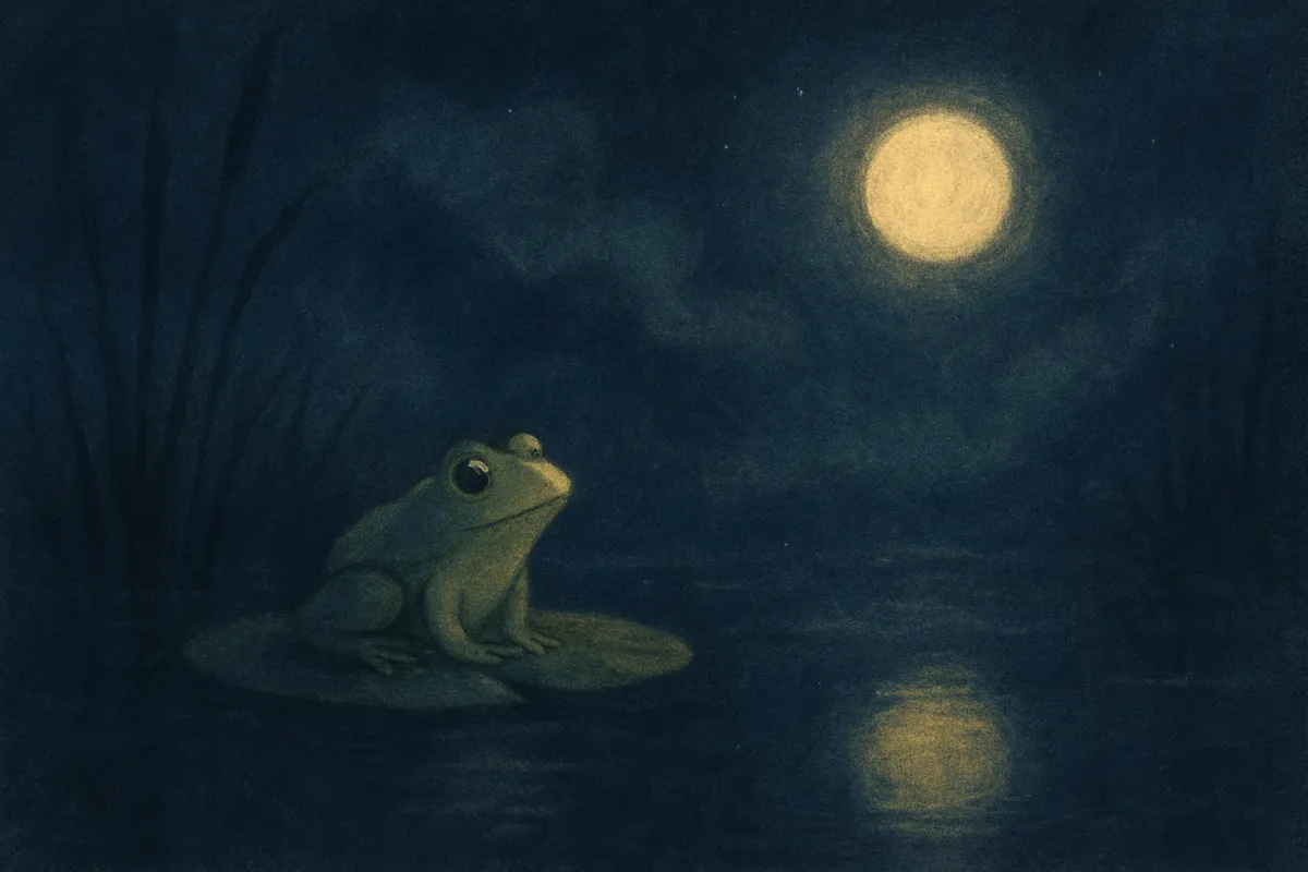 Escena de sueño pintada: una pequeña rana verde sobre un nenúfar en un estanque iluminado por la luna