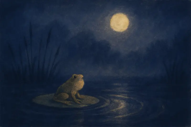Ranas que croan: pintura de una rana que canta sobre un nenúfar en un estanque a la luz de la luna