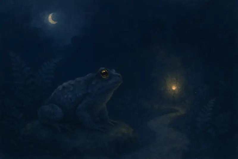 Un sapo: pintura de un sapo verrugoso sobre una piedra con musgo en un jardín a la luz de la luna