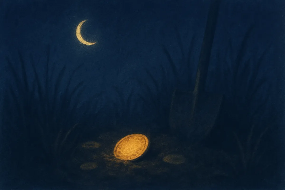 A painted dream scene of gold coins half-buried in dark earth under a crescent moon