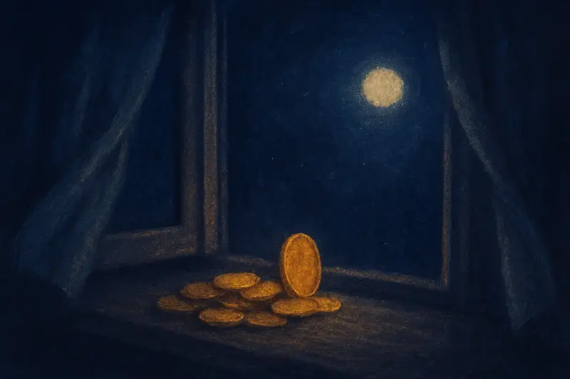 Monete d'oro — vecchie monete d'oro sul davanzale al chiaro di luna