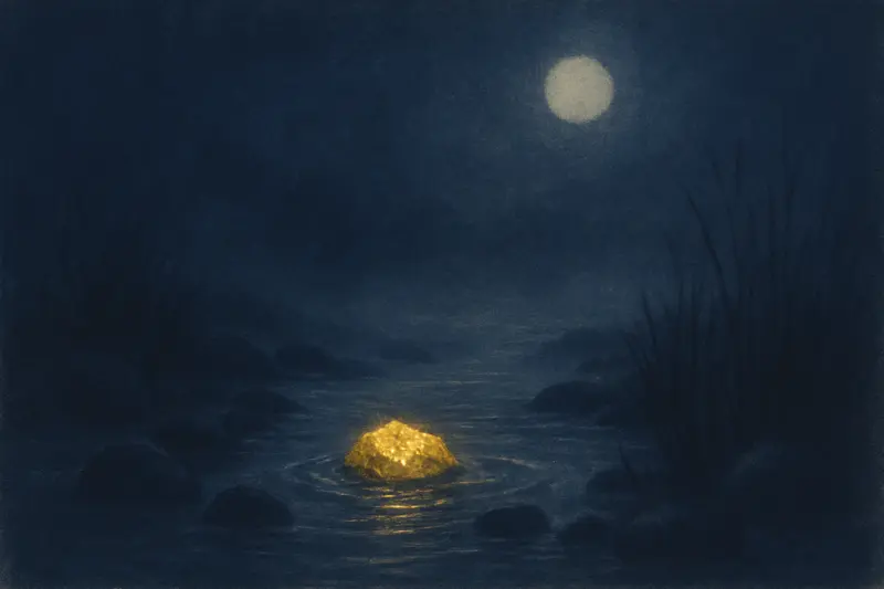 Trovare oro — una pepita d'oro luccica in un ruscello al chiaro di luna