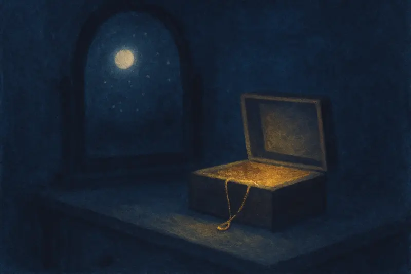 Um colar de ouro — um colar de ouro pendendo de uma caixa de joias aberta ao luar