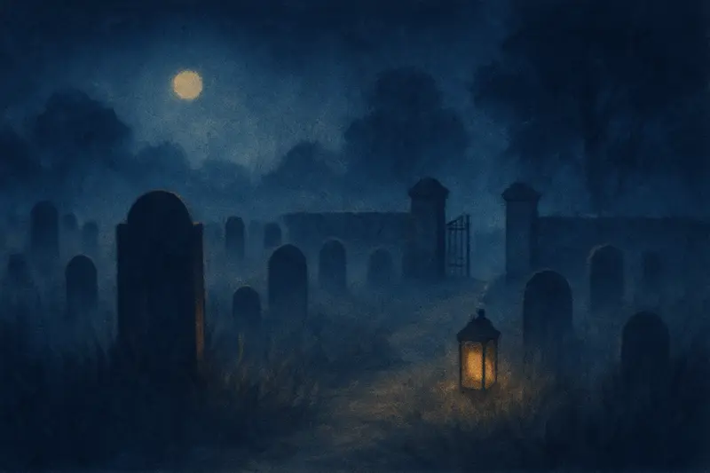 Ein Friedhof — Gemälde eines stillen Dorffriedhofs bei Nacht, ein offenes Eisentor und eine Laterne am Weg