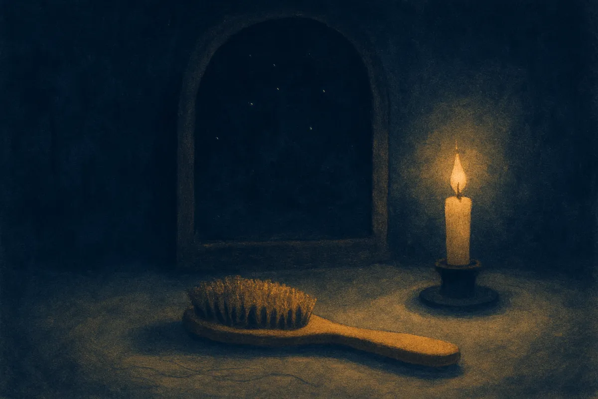 A painted dream scene of a hairbrush and loose strands on a moonlit vanity, before a dark mirror reflecting only night sky