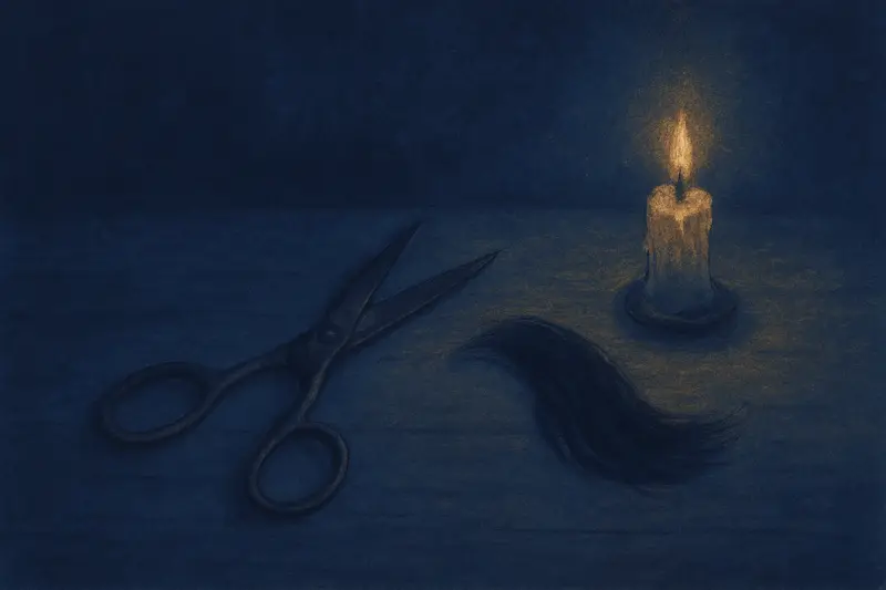 Cortarse el pelo — unas tijeras viejas junto a un mechón cortado a la luz de la luna