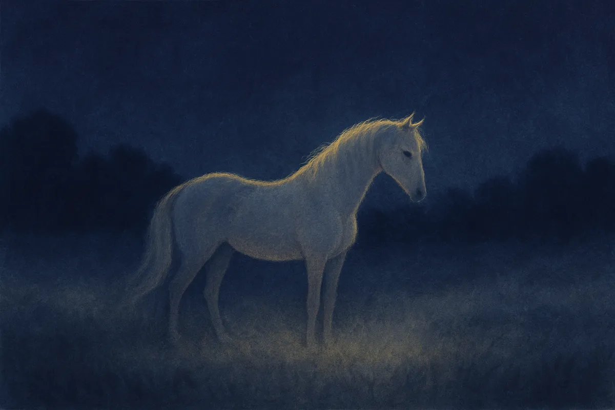 A painted dream scene of a pale horse standing alone in a misted night meadow, its mane catching the moonlight