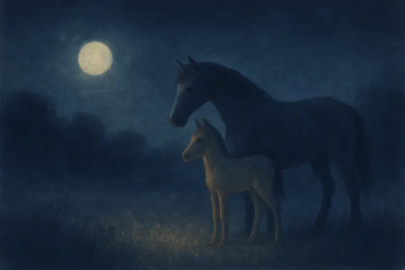 Um potro — um potro junto à mãe num prado enevoado ao luar