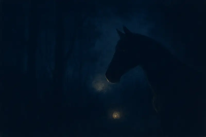 Un cavallo nero — un cavallo nero al limitare di un bosco scuro, orlato di luce lunare