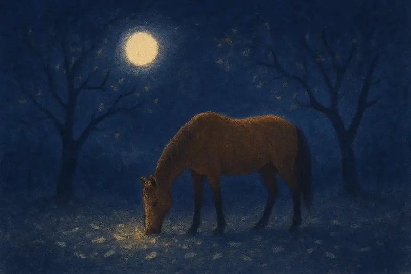 A brown horse — a brown horse grazing in a moonlit orchard