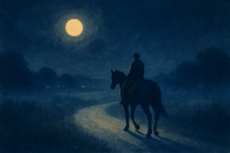 Cavalcare un cavallo — un cavallo sellato e un piccolo cavaliere di spalle su una strada al chiaro di luna