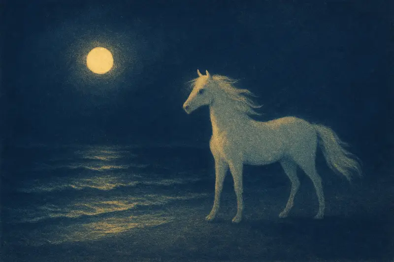 Un cavallo bianco — un cavallo bianco su una riva al chiaro di luna, la criniera al vento