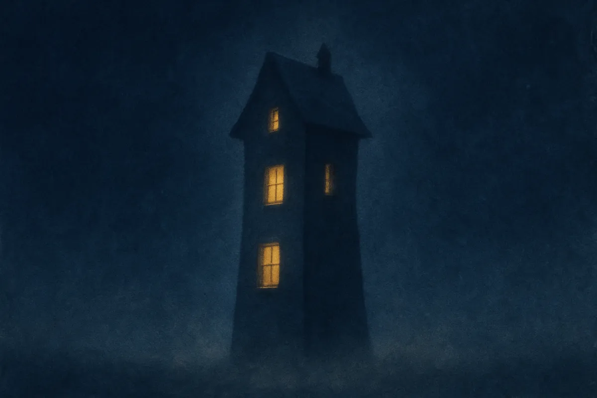 A painted dream scene of a tall narrow house at night, one window lit on each floor
