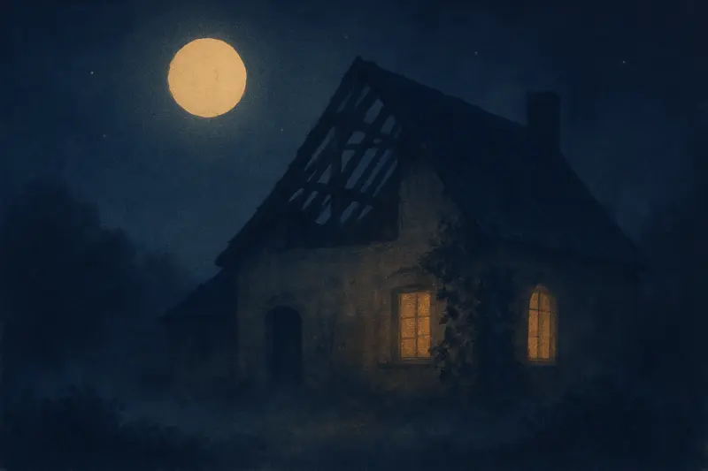 Una casa che crolla — una vecchia casa col tetto crollato e le travi aperte al cielo di luna