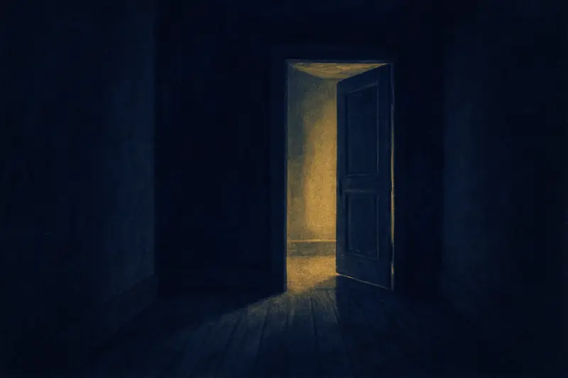 Discovering new rooms in the house — an old hallway with an unfamiliar door open onto a softly lit room