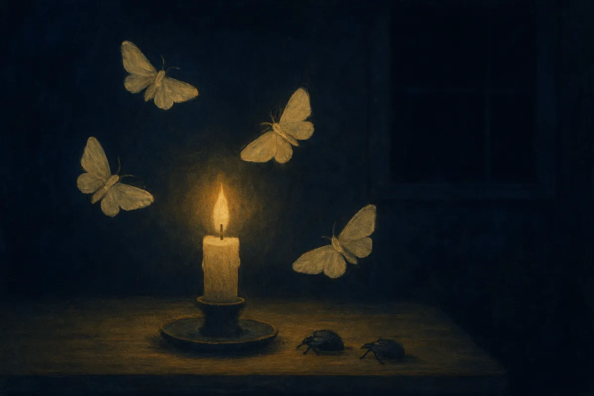 A painted dream scene of pale moths circling a candle in a dark farmhouse room, small beetles resting on the table below