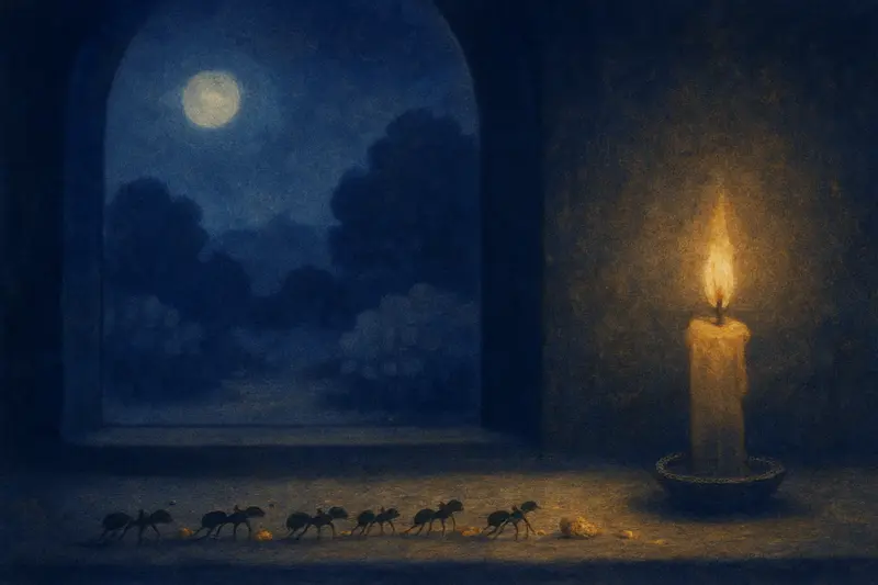 Ants — painting of a line of ants carrying crumbs across a moonlit windowsill