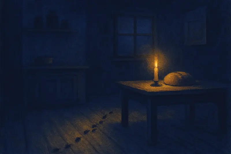Insects in the house — painting of small beetles crossing a moonlit kitchen floor towards a loaf of bread