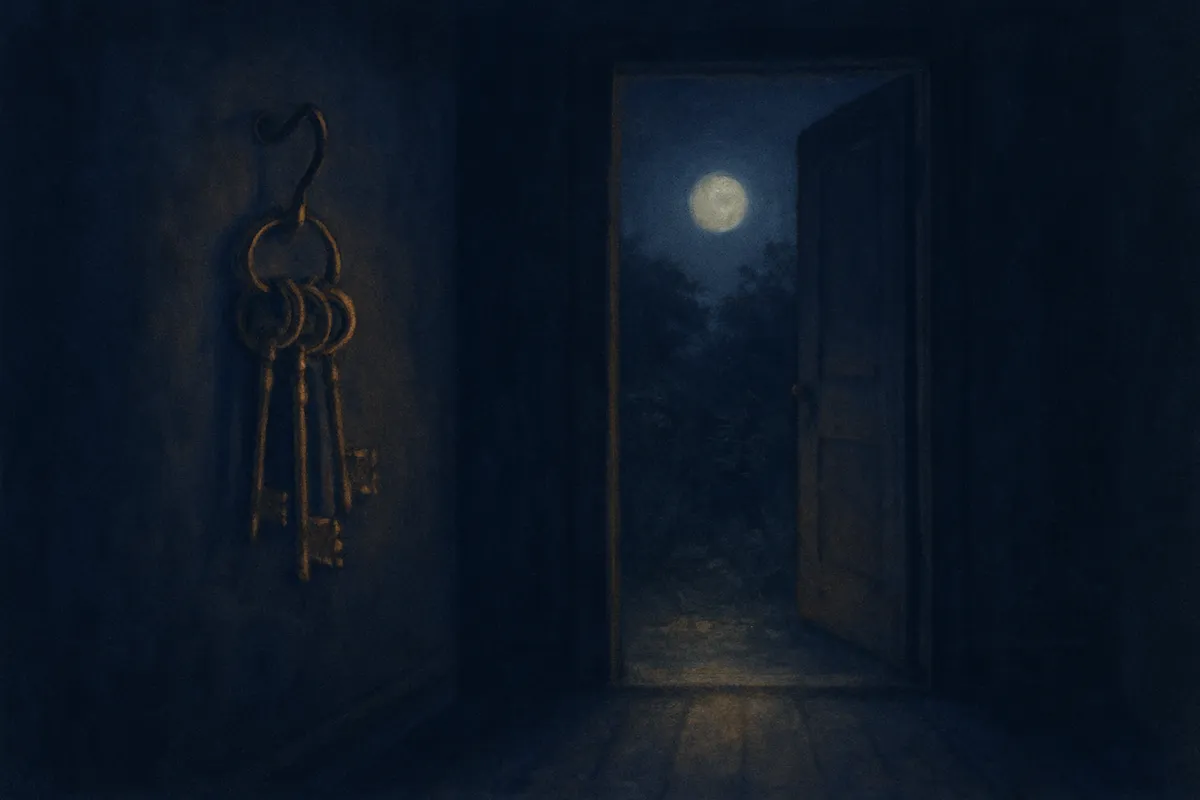A painted dream scene of old keys hanging beside a door standing ajar onto a moonlit garden