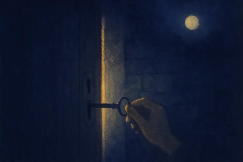 Abrir uma porta com a chave — uma chave girando numa porta antiga e a luz quente entrando pela fresta